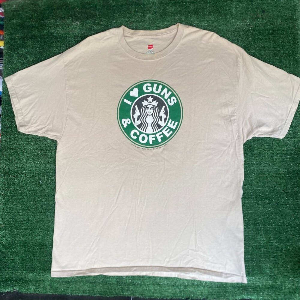 Vintage Y2K Guns Coffee Shirt Starbucks Parody Humor Tee